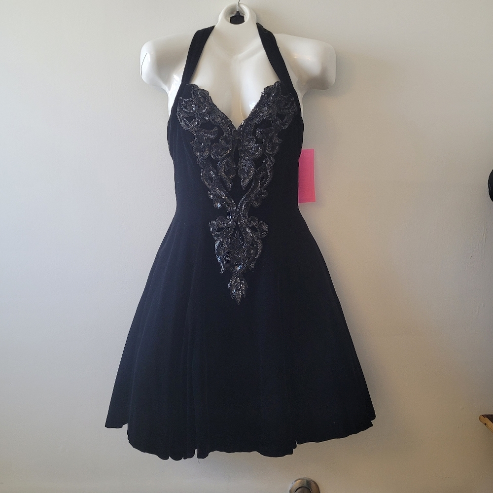 Vintage 90s Kisten Anne's Black Halter Dress with Sequins/Beading Detail. Size 8